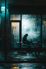 A man sitting in the dark at night, behind glass doors with chairs and bicycles outside, seen from an angle through frosted window, minimalism, dark atmosphere