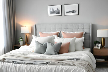 Comfortable bed with pillows in room. Stylish interior design