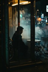 A man sitting in the dark at night, behind glass doors with chairs and bicycles outside, seen from an angle through frosted window, minimalism, dark atmosphere