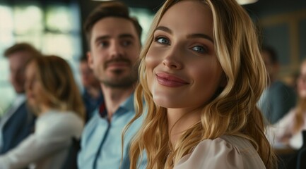 Fototapeta premium young business people listening to the cheerful speaker at a corporate meeting or conference, focusing on the face of a beautiful blonde businesswoman. generative AI