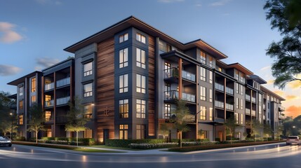 A rendering of an apartment building in the style of a comfortable and inviting style, with large balconies that have glass railings.