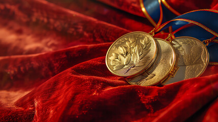Olympic medals displayed on a red velvet cloth, highlighting their prestige close up, prestige theme, surreal, silhouette, presentation table backdrop