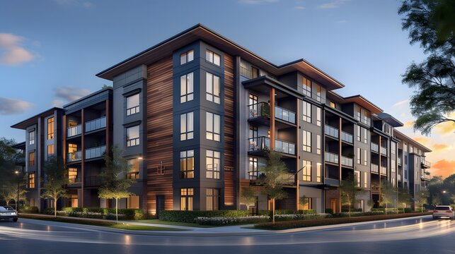 A rendering of an apartment building in the style of a comfortable and inviting style, with large balconies that have glass railings.