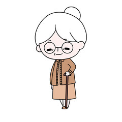 A cartoon woman with a cane and glasses