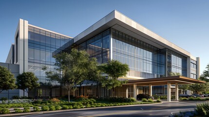 A rendering of the hospital building with modern design elements, white and gray color scheme, large glass windows for natural light, exterior shot with trees in front, and parking lot visible on one 