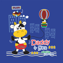 The cow is in the middle of the city park with a hot air balloon,design cartoon vector illustration