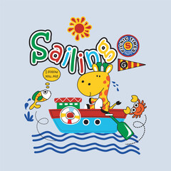 Giraffes as sailors sail around the world,design cartoon vector illustration