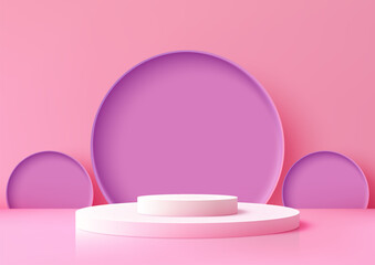3D White Podium with Violet Circles on Soft Pink Background, Modern Concept for Product Display, Elegant Mockup