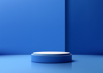 Elegant 3D Blue and White Podium with Blue Wall Background, Ideal for Stylish Product Display, Mockup