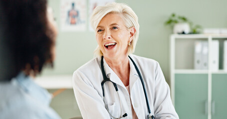 Mature doctor, woman and patient or laughing with healthcare support, medical advice and feedback....