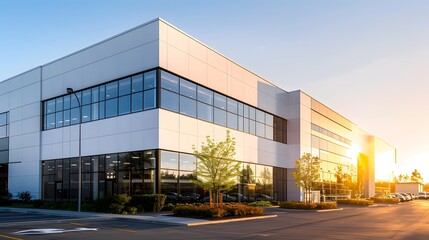 A wide-angle photo of an industrial building with white walls and glass windows, illuminated by the setting sun in summer.