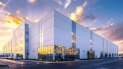 Obraz premium A wide-angle photo of an industrial building with white walls and glass windows, illuminated by the setting sun in summer.