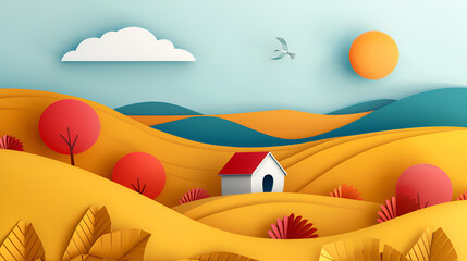 Abstract autumn scenery field and hut with vanilla