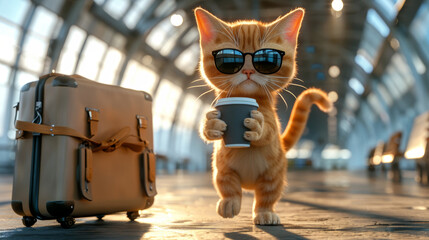 Orange cat wearing sunglasses walks with a suitcase and a paper cup of coffee, banner