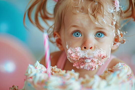 Little girl's birthday, smeared into cake, first cake celebration