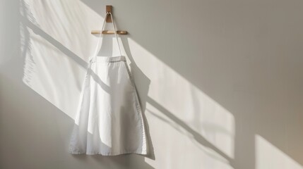 White apron hanging on a wooden hook against a plain wall, illuminated by sunlight and creating shadows, minimalist home decor.