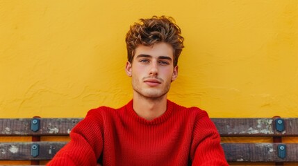 Obraz premium Thoughtful young man in a red sweater with yellow background. Generative AI.