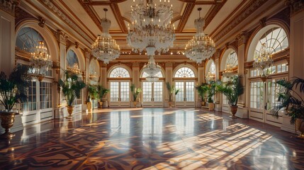Obraz premium An expansive, sunlit ballroom featuring crystal chandeliers hanging from a vaulted ceiling. Ornate statues and lush plants enhance the sophisticated atmosphere, for an editorial fashion shoot.