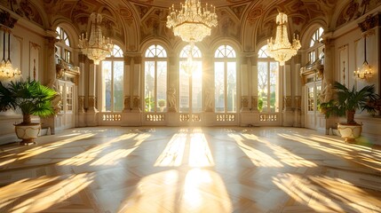 An expansive, sunlit ballroom featuring crystal chandeliers hanging from a vaulted ceiling. Ornate...