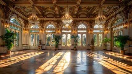Fototapeta premium An expansive, sunlit ballroom featuring crystal chandeliers hanging from a vaulted ceiling. Ornate statues and lush plants enhance the sophisticated atmosphere, for an editorial fashion shoot.