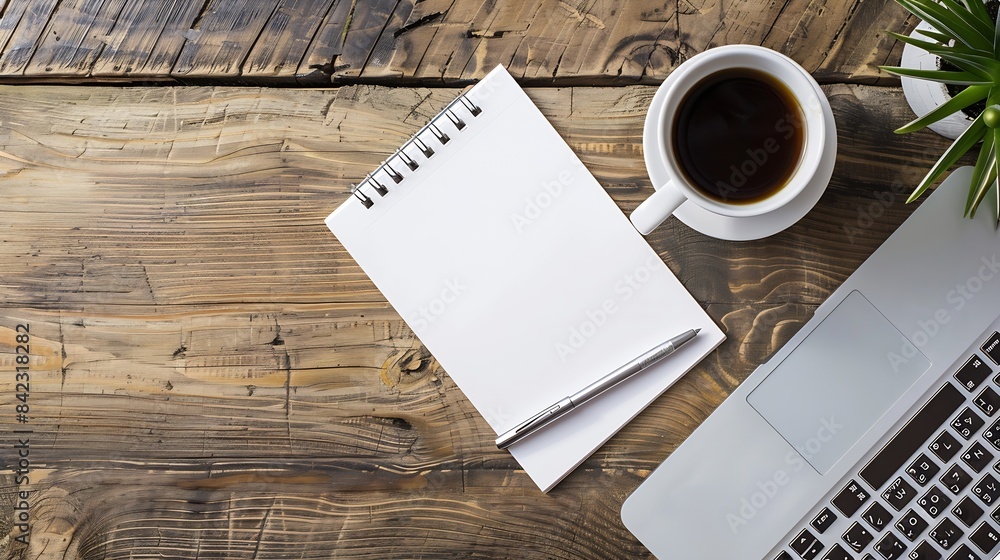Poster work from home desk office with laptop blank notepad coffee cup and pen on wood table flat lay top v