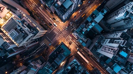 Aerial top down view of Hong Kong downtown at night view of city light and vehicles on the road Hong Kong island China : Generative AI