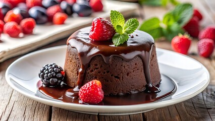 Decadent Chocolate Cake With Fresh Berries And Mint On White Plate