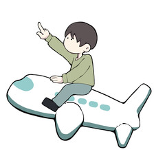 飛行機に乗って指を指している男性