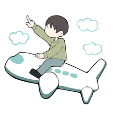 飛行機に乗って指を指している男性(雲付き)