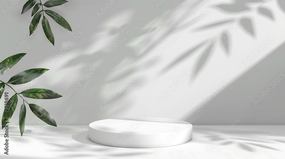 Poster Top view of white podium with leaves and shadows Realistic platform for product presentation Minimal nature scene with pedestal mockup cosmetic display or award ceremony : Generative AI