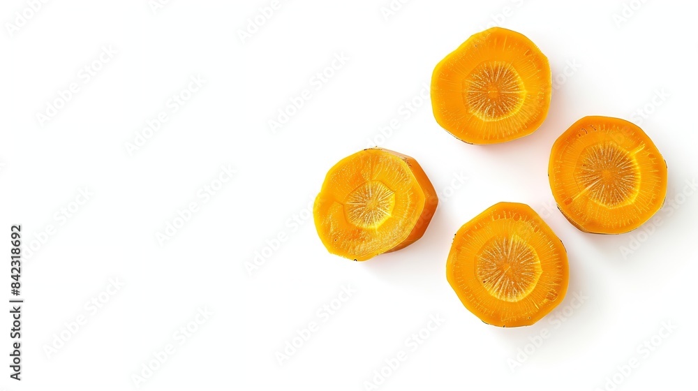 Poster fresh raw carrot slices isolated on white background top view : generative ai