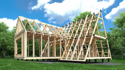 Frame house construction. 3d illustration