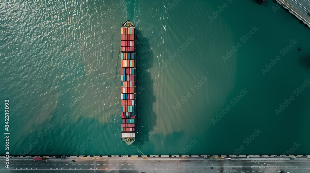 Poster Top view Container ship full capacity approaching  port International Container ship loading unloading at sea port Freight Transportation ShippingLogistics import export Transportation : Generative AI