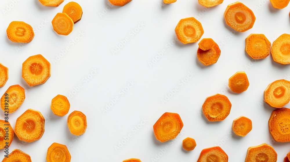 Poster fresh raw carrot slices isolated on white background top view : Generative AI