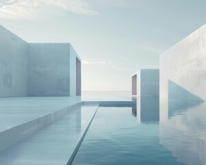 Obraz premium Minimalistic Abstract Architecture Desktop Wallpaper, Geometric Shapes, Monochromatic color, Modern Simplicity, landscape design, banner design, brochure, pattern design, web, wallpaper, background te