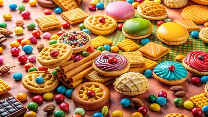 Fototapeta premium A Variety Of Colorful Cookies And Candies Are Arranged On A Wooden Table. The Image Is Taken From A Top-Down Perspective.
