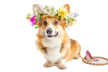 Corgi with a Flower Crown and Butterfly Net: A playful Corgi adorned with a delicate flower crown and holding a butterfly net, ready for a whimsical adventure in the garden