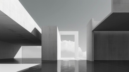 Obraz premium Minimalistic Abstract Architecture Desktop Wallpaper, Geometric Shapes, Monochromatic color, Modern Simplicity, landscape design, banner design, brochure, pattern design, web, wallpaper, background te