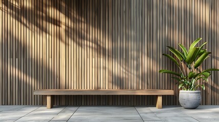 Minimalist outdoor wall with wooden slats and bench, featuring a large blank space for text or artwork.