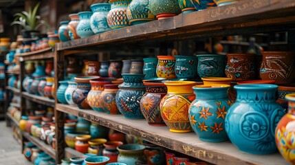 Neatly arranged rows of artisan-crafted ceramic pots displayed on wooden shelves in a sunlit market, symbolizing the timeless artistry and meticulous craftsmanship in traditional pottery.