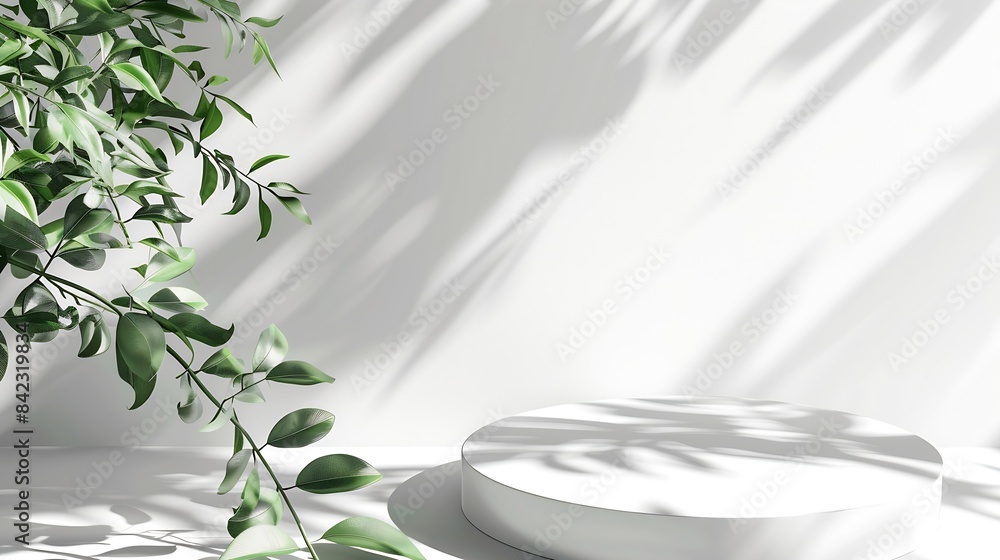 Poster Top view of white podium with leaves and shadows Realistic platform for product presentation Minimal nature scene with pedestal mockup cosmetic display or award ceremony : Generative AI