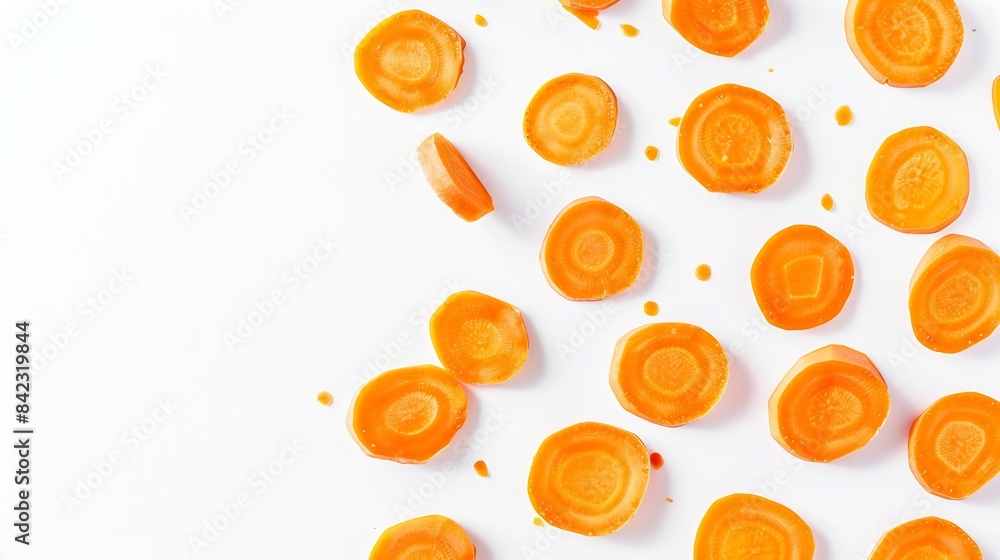 Poster fresh raw carrot slices isolated on white background top view : Generative AI
