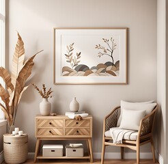 Mockup frame in Scandi living room interior, 3d render