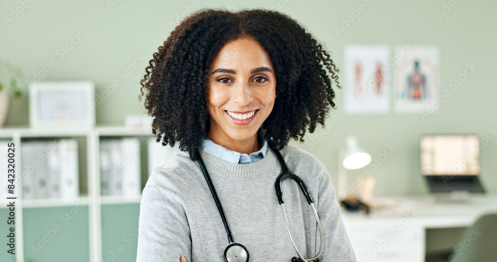 Canvas Prints Clinic, doctor and portrait of black woman with stethoscope for medical career, support and health. Hospital, healthcare and happy person for cardiology consultation, pulmonary service and wellness