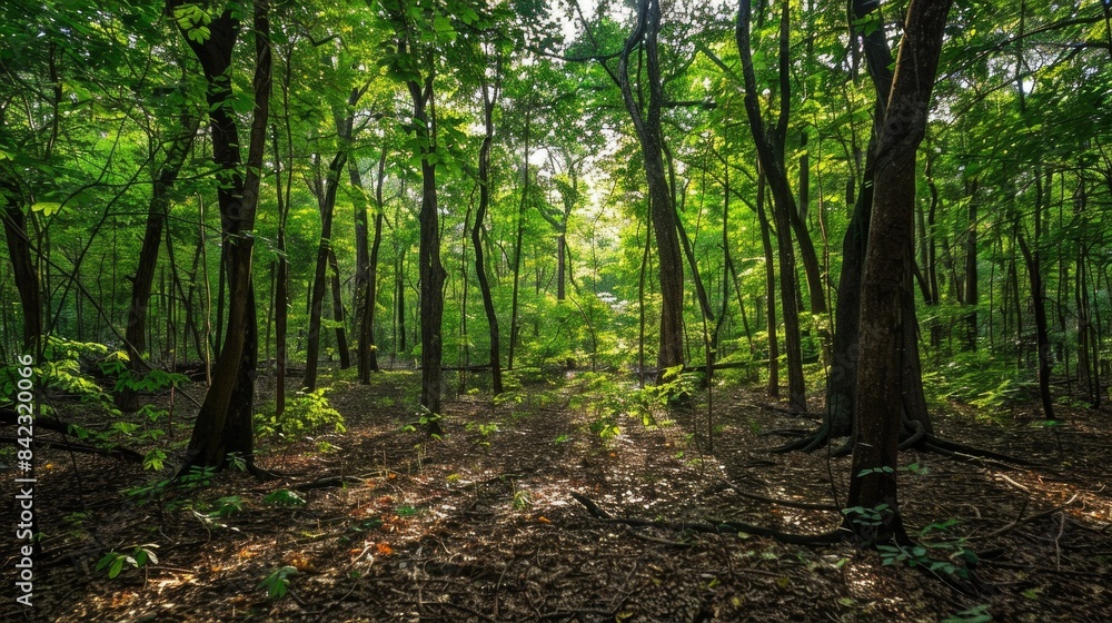 Poster background image of sunlight filtering through a dense green forest, highlighting the tranquility an
