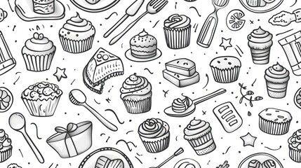 Cake cooking tools, kitchen utensils Illustration design pattern doodle elements spoon, fork, knife, pan, cake/