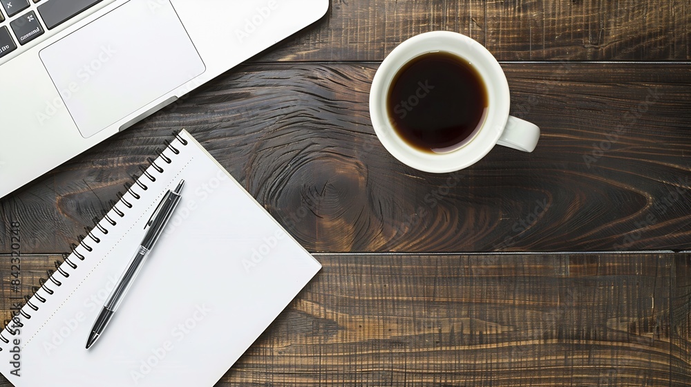 Poster work from home desk office with laptop blank notepad coffee cup and pen on wood table flat lay top v