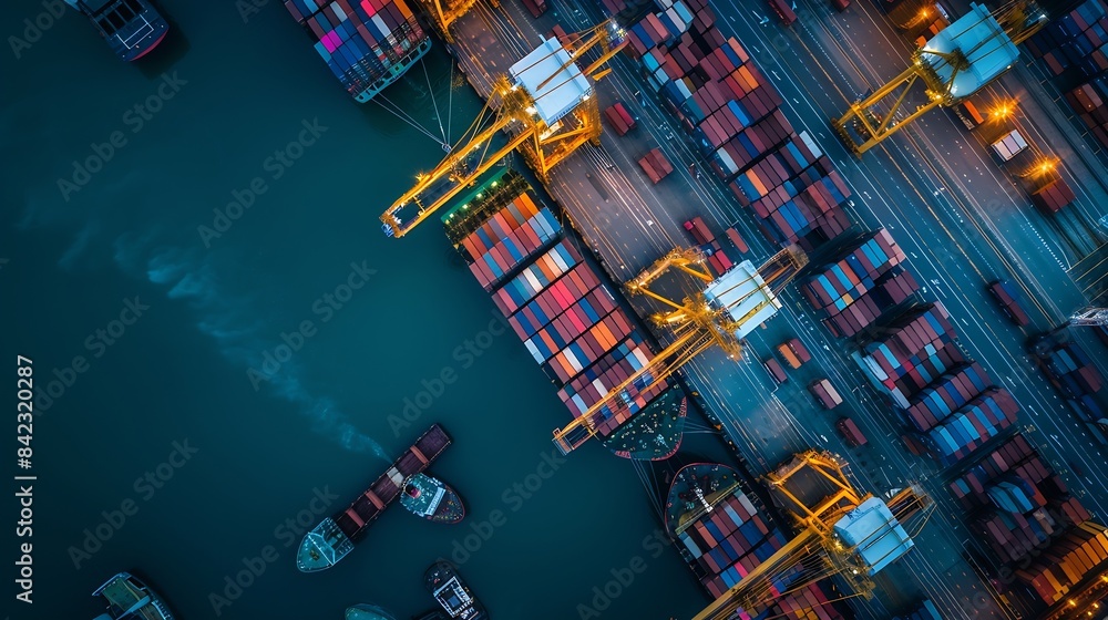Poster Top view Container ship full capacity approaching  port International Container ship loading unloading at sea port Freight Transportation ShippingLogistics import export Transportation : Generative AI