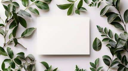 Photo of A blank white card on an isolated background with green leaves and branches framing the edges, ready for writing text or graphics. - Powered by Adobe