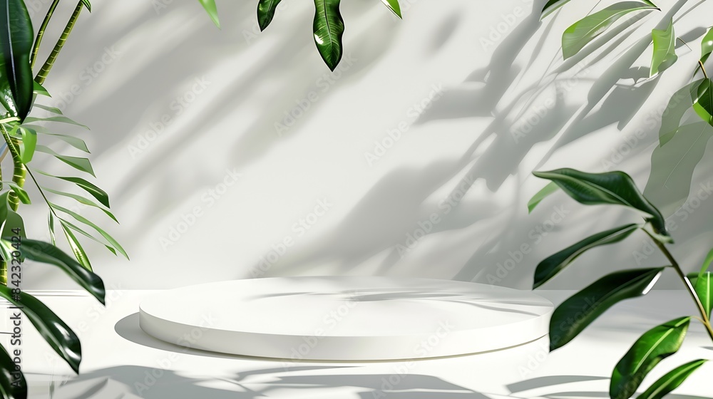 Aufkleber Top view of white podium with leaves and shadows Realistic platform for product presentation Minimal nature scene with pedestal mockup cosmetic display or award ceremony : Generative AI